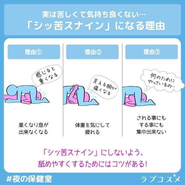 実は苦しくて気持ち良くない
シック苦スナインになる理由。
理由1、重くなり息ができなくなる。理由2、体重を気にして疲れる。理由3、される事にもする事にも集中できない。舐めやすくするためにはコツがある。
