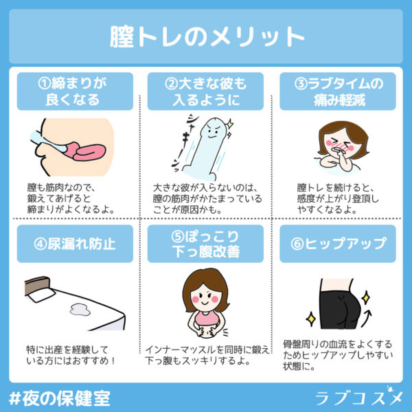 膣トレのメリット
①締まりがよくなる
②大きな彼も入るように
③ラブタイムの痛み軽減
④尿漏れ防止
⑤ぽっこり下っ腹改善
⑥ヒップアップ