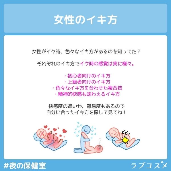 女性のイキ方
イク感覚は実に様々。
快感度の違いや、難易度もあるので自分に合ったいき方を探してね