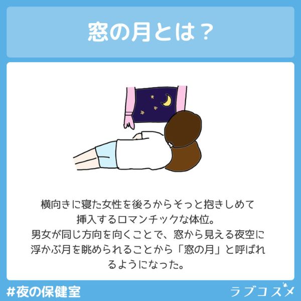 Q.窓の月とは？
A.横向きに寝た女性を後ろからそっと抱きしめて挿入するロマンチックな体位。男女が同じ方向を向くことで、窓から見える夜空に浮かぶ月を眺められることから「窓の月」と呼ばれるようになった。