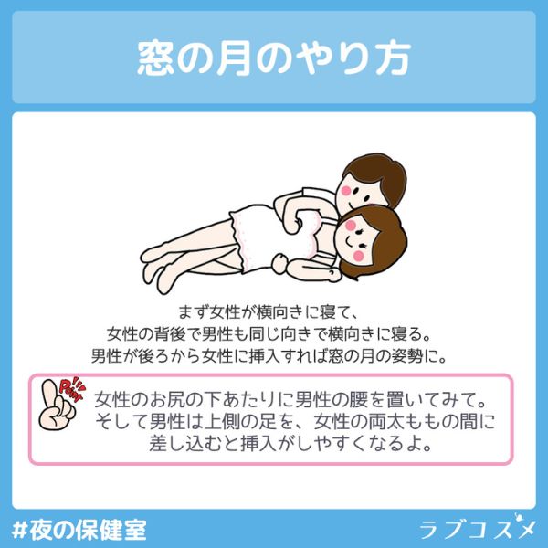 Q.窓の月のやり方
A.まず女性が横向きに寝て、女性の背後で男性も同じ向きで横向きに寝る。男性が後ろから女性に挿入すれば窓の月の姿勢に。
Point.女性のお尻の下あたりに男性の腰を置いてみて。そして男性は上側の足を、女性の両太ももの間に差し込むと挿入がしやすくなるよ。