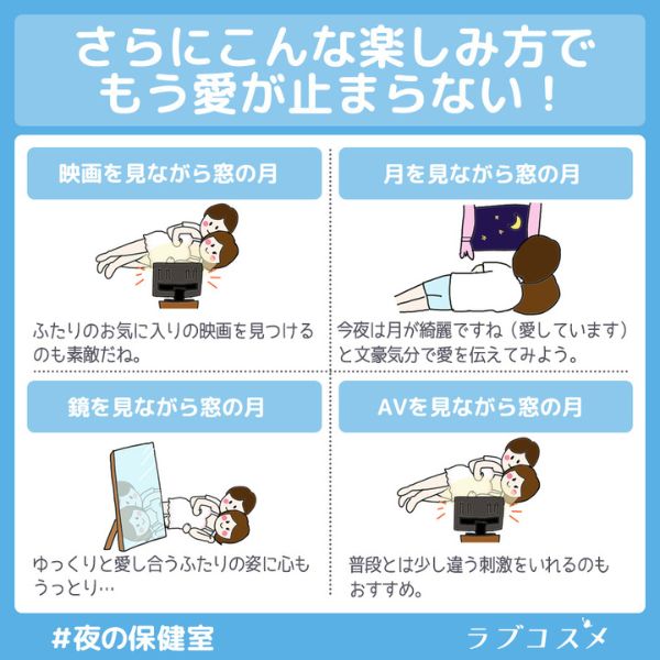 さらにこんな楽しみ方でもう愛が止まらない！
1.映画を見ながら窓の月。ふたりのお気に入りの映画を見つけるのも素敵だね。
2.月を見ながら窓の月。今夜は月が綺麗ですね（愛してます）と文豪気分で愛を伝えてみよう。
3.鏡を見ながら窓の月。ゆっくりと愛し合うふたりの姿に心もうっとり…
4.AVを見ながら窓の月。普段とは少し違う刺激をいれるのもおすすめ。