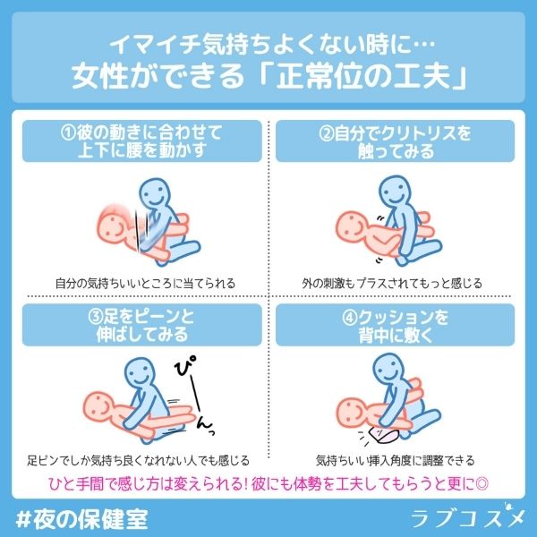 正常位は少しの工夫でイキやすく、気持ちよさをアップさせることができる。