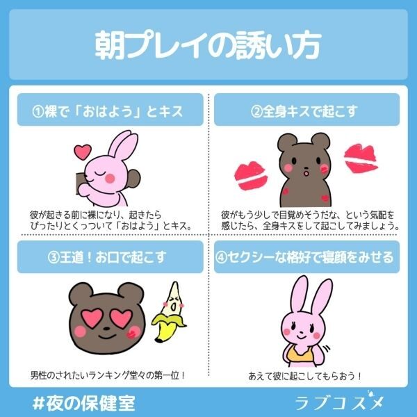 朝プレイの誘い方
裸でキス
全身キスで起こす
王道奥地で起こす
セクシーな恰好で寝顔を見せる