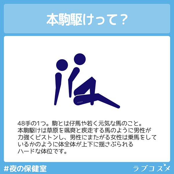 本駒駆けとは４８手の１つ。疾走する馬のように男性が力強くピストンし、男性にまたがる女性は乗馬をしているかのように体全体が上下に揺さぶられるハードな体位。