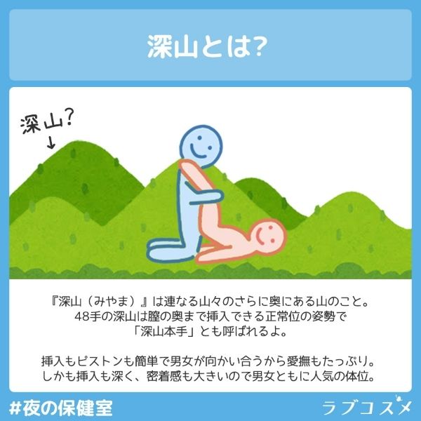 深山とは
山々のさらに奥にある山の事
48手の深山は膣の奥まで挿入できる正常位の姿勢で「深山本手」とも呼ばれるよ