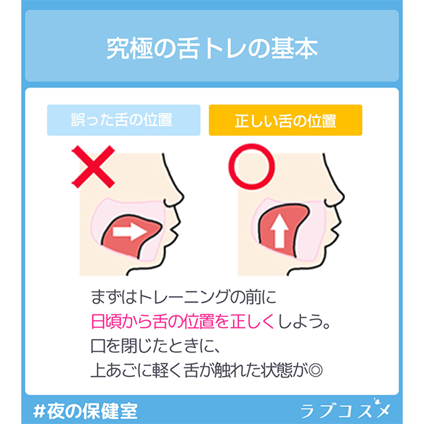究極の舌トレの基本
まずはトレーニングの前に日頃から舌の位置を正しくしよう。
口を閉じたときに、上あごに軽く舌が触れた状態がまる