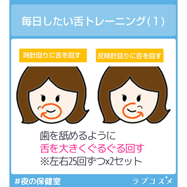 毎日したい舌トレーニング（1）
時計回りに舌を回す
反時計回りに舌を回す
歯を舐めるように
舌を大きくぐるぐる回す
※左右25回ずつ×２セット